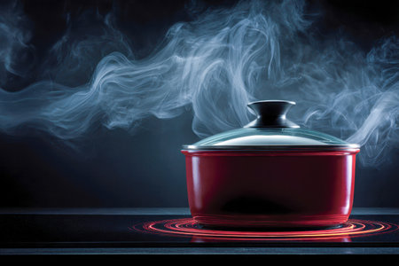 Warmth fills the dark kitchen as a vibrant red pot with a clear glass lid gently releases wisps of steam, illuminated by the fiery glow of the coil beneath.の写真素材