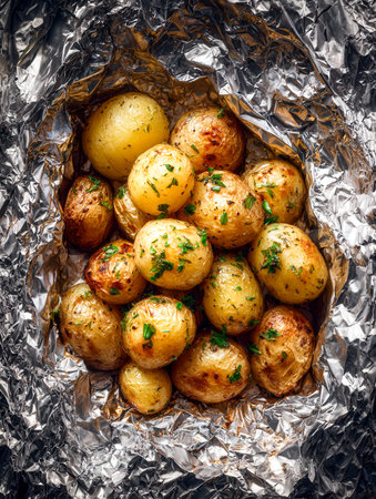 Crispy, herb-seasoned baby potatoes glisten in reflective foil, offering a warm, inviting aroma that makes any meal feel special and flavorful.の写真素材