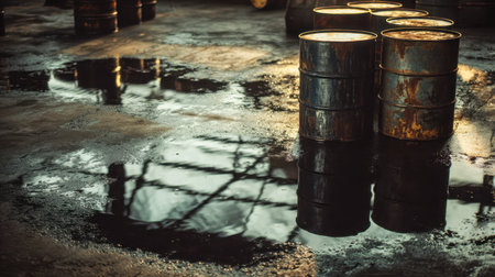 Weathered steel drums line the damp surface of a shadowy warehouse, their rusted surfaces mirrored in shallow puddles amid the cold, industrial ambiance.の写真素材