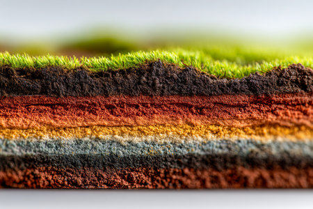 A detailed view of underground earth strata reveals rich hues and textures beneath a lush, verdant turf illuminated by soft, natural sunlight.の写真素材