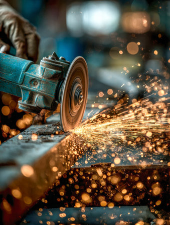 An industrial craftsman skillfully sharpens a metal piece with a powerful electric tool, releasing dazzling sparks that illuminate the workspace amid a softly focuseの写真素材