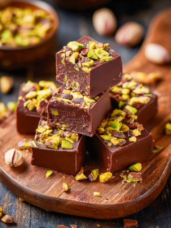 Decadent chocolate fudge cubes garnished with vibrant pistachio crumbs rest atop a rustic wooden tray, with loose nuts enhancing the earthy, handcrafted appeal.の写真素材