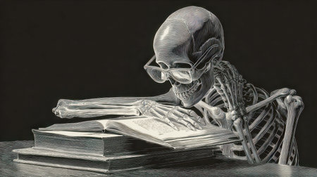 A finely crafted illustration features a skull with sleek glasses immersed in reading several books, set against a moody dark backdrop representing wisdom and the flの写真素材