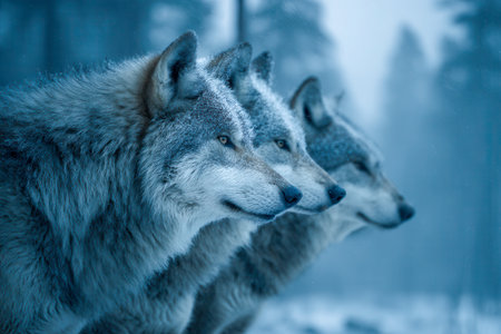 A tight-knit trio of gray wolves rests amidst a snowy forest, their piercing eyes fixed forward, embodying serenity and alertness in the winter wilderness.の写真素材