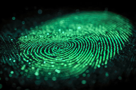 A luminous green fingerprint pulses against a black backdrop, representing cutting-edge authentication methods and the forefront of digital security systems.の写真素材