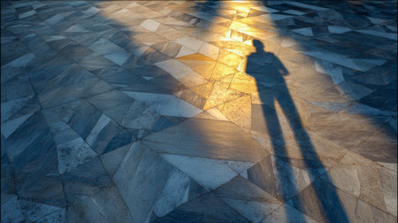 A solitary figure's silhouette stretches across glaming marble, with golden rays producing striking contrast and intricate geometric designs on the surfaceの写真素材