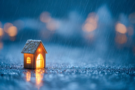 A tiny illuminated wooden cottage nestled in a rainy night, its snow-dusted roof contrasted by damp ground and soft, distant lights enhancing a serene, inviting ambienceの写真素材