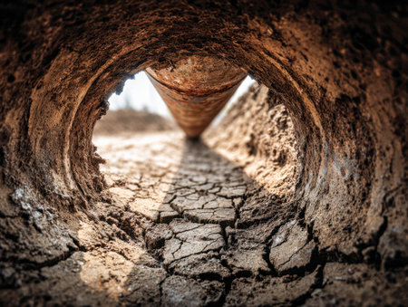 A weathered, corroded pipe frames a parched, fractured terrain under glaring sunlight, highlighting nature's struggle amid arid conditions and environmental decline.の写真素材