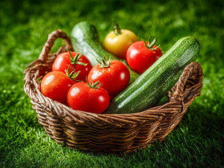 Sunlit garden scene featuring a traditional basket filled with glossy tomatoes and crisp zucchini, resting on lush grass?a charming display of summer harvest freshneの写真素材