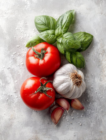 A colorful arrangement of ripe tomatoes, fresh basil, whole and peeled garlic cloves, and coarse salt crystals on a textured pale gray background, evoking freshnessの写真素材