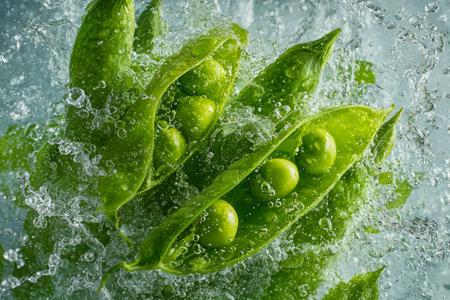 Lush green pea pods swirl gently in pristine water, their vivid hues highlighted by shimmering bubbles that evoke purity, vitality, and farm-fresh vitality.の写真素材