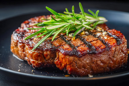 A perfectly grilled beef steak with a rich, smoky crust, garnished with sprigs of fragrant rosemary and a blend of spices, presented on a sleek black dish for a gourの写真素材
