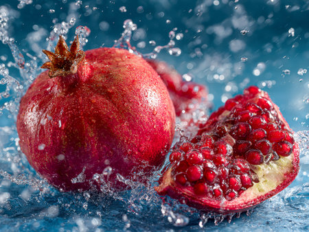 A bursting cluster of ruby-red seeds drips with glistening droplets, set against a cool blue backdrop that highlights the fruit's juicy, invigorating freshness.の写真素材