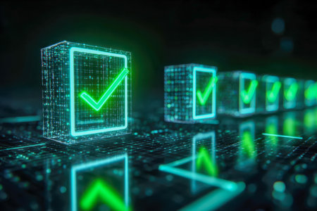 A sleek, high-tech interface featuring luminous green checkmarks aligned on a grid, symbolizing seamless digital validation and streamlined approval workflows.の写真素材