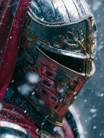 An ornate medieval helmet adorned with intricate gold embellishments and crimson cloth lining, set against a snowy, icy landscape that evokes timeless warrior spiritの写真素材