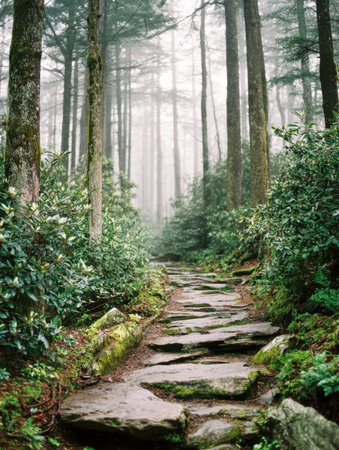 A tranquil woodland pathway winds through lush greenery, featuring expansive flat stones amid towering trees and soft morning fog that envelops the scene in peacefulの写真素材