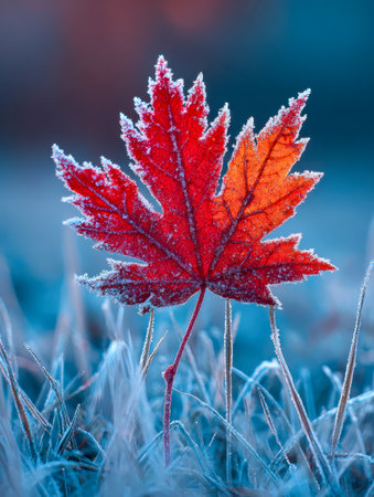 A striking crimson leaf nestled among icy teal blades, glistening with frost under gentle morning light, evoking serenity and the hush of early autumn.の写真素材
