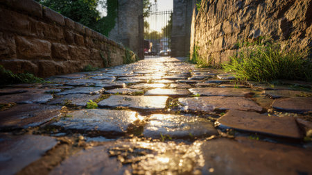 Warm golden light bathes a centuries-old stone pathway, guiding the eye toward an ornate iron gate nestled among lush foliage and weathered stone walls.の写真素材