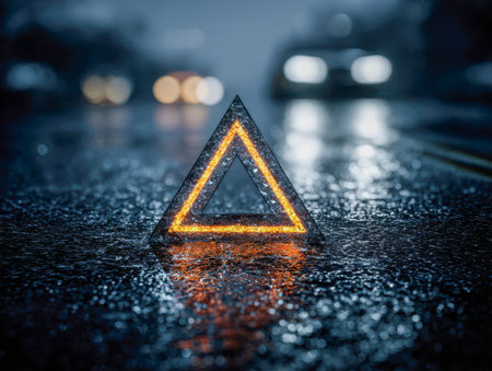 A luminous safety device cast in a vibrant glow, its reflective surface shimmering on slick pavement under the cover of night, while distant traffic signals blur inの写真素材