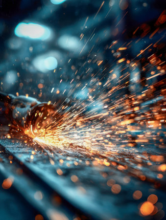 Vibrant orange embers erupt vividly from a spinning grinding wheel, illuminating a shadowy workshop accented by colorful bokeh and reflective surfaces.の写真素材