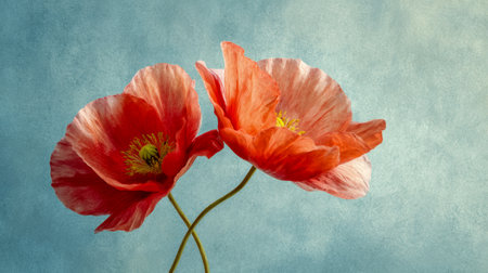 Two lively crimson poppies with gentle, overlapping petals and cheerful yellow centers sway softly, set against a muted blue backdrop that evokes calm.の写真素材