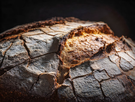 A close-up of a handcrafted bread's crust, showcasing rich, amber hues and intricate surface textures illuminated by soft, natural sunlight.の写真素材