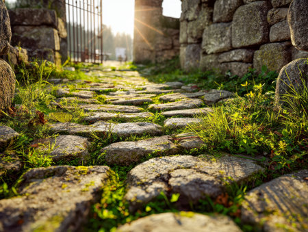 Warm sunlight bathes a centuries-old brick trail, where lush moss and wild grass peek through cracks, guiding the eye toward a vintage gate walled by timeworn stonesの写真素材