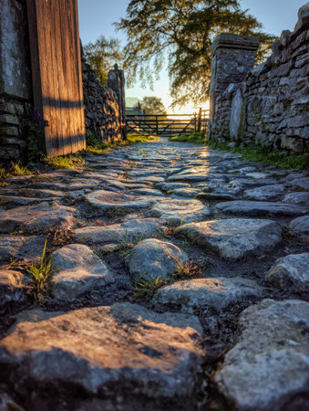 A quaint alleyway with textured stones stretching toward a weathered wooden portal, bathed in the golden glow of sunset, evoking rustic charm and serenity.の写真素材