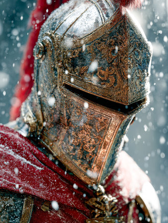 A richly decorated helmet with detailed carvings rests atop a knight?s crimson cloak, as snow cascades through the cold air during a fierce winter skirmish.の写真素材