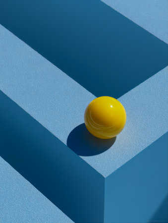 A luminous yellow orb perches delicately on a sharp blue angular form, casting bold shadows and striking contrast that highlight minimalist elegance.の写真素材