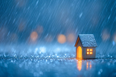 A cozy miniature dwelling radiates a gentle amber glow as falling rain creates shimmering reflections on a wet surface, evoking warmth amidst a stormy evening.の写真素材