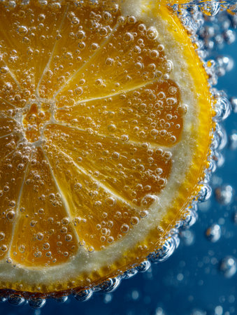 A juicy citrus wedge bathes in effervescent bubbles, bursting with vitality and color, set against a vibrant azure backdrop that evokes freshness and energy.の写真素材