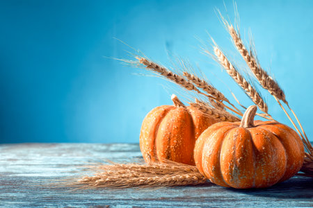 A charming fall arrangement showcasing aged pumpkins paired with golden wheat stems, set on a textured wood surface against a vivid blue backdrop, perfect for seasonの写真素材