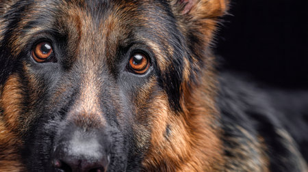 A piercing gaze from a vigilant German shepherd, showcasing intricate fur details and expressive eyes that radiate intelligence and focus against a shadowy backdrop.の写真素材