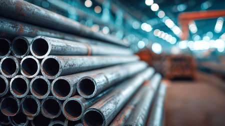 A precise arrangement of shiny steel cylinders in a spacious warehouse, illuminated by soft glowing lights, highlighting essential components for industrial build prの写真素材