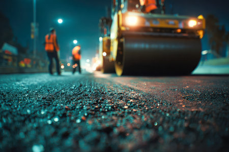 Nighttime scene of personnel in high-visibility vests guiding large paving equipment under glowing streetlamps and flashing signals, transforming the urban roadway.の写真素材