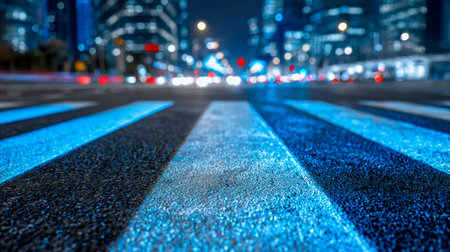 A luminous blue crosswalk lines a slick city avenue under rainy night skies, with glowing skyscrapers and traffic signals softly blending into a vibrant urban backdrの写真素材