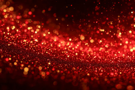 Vibrant red and gold specks glow with shimmering brilliance, complemented by soft bokeh lights, crafting an enchanting scene perfect for joyful festivities.の写真素材
