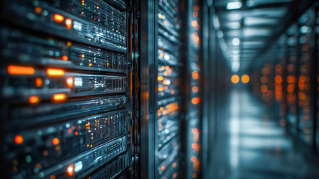 A sleek, high-tech environment featuring rows of glowing server units with dynamic indicator lights, evoking a cutting-edge hub for advanced data processing and digiの写真素材