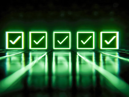 Vibrant neon-green check symbols neatly arranged within outlined squares reflect on a glossy surface, conveying digital validation and successful task completion.の写真素材