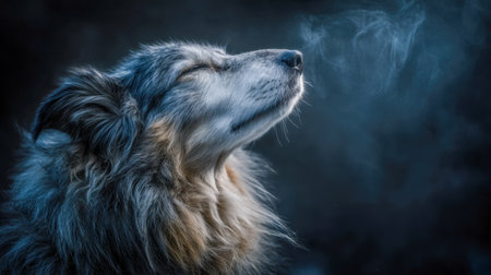 A powerful gray wolf releases a visible breath into the chilly air, its luminous coat subtly highlighted, embodying the untamed essence of winter's wilderness againsの写真素材