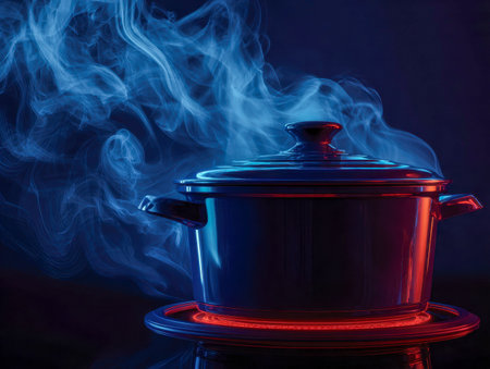 A sleek, reflective stainless steel vessel releasing wisps of vapor, illuminated by intense red and blue glows on a dark backdrop, evoking warmth and modern culinaryの写真素材