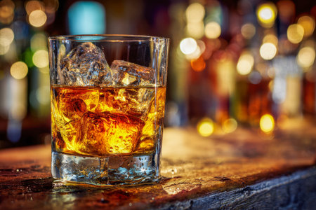 A polished amber spirit rests in a glass with chilled cubes, set against a textured wooden surface, illuminated by vibrant, dreamy lights that evoke a cozy, invitingの写真素材