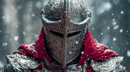 A regal warrior adorned in shimmering silver plate, draped in a deep crimson cape, stands amidst a frosted woodland as gentle snow descends, evoking a mystical aura.の写真素材