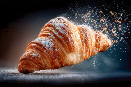 A luminous, perfectly baked croissant shatters into joyful fragments, dusted with snow-like sugar, as crumbs scatter against a moody, shadowy backdrop.の写真素材