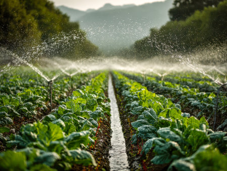 A vibrant rural landscape featuring a modern irrigation setup quenching thriving leafy greens, with majestic mountains framing a sunlit, fertile farmland.の写真素材