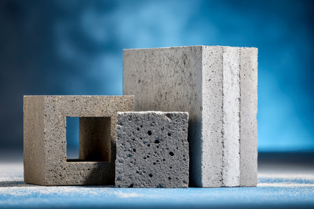 A striking display of varied concrete forms, blending rough and polished surfaces, arranged on a sleek plane beneath intense blue illumination, inspiring modern desiの写真素材