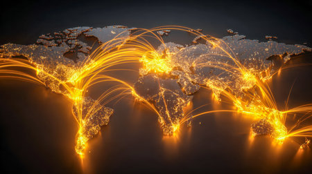 A vibrant nighttime representation of Earth's surface featuring luminous connecting pathways that depict global communication links and data flow across continents.の写真素材