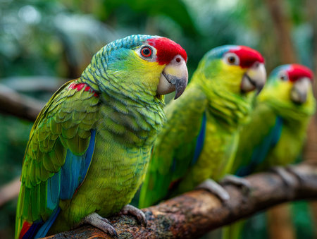 A colorful lineup of parrots with lush green feathers and bold crimson foreheads sit along a tree limb, surrounded by dense tropical foliage with a softly blurred baの写真素材