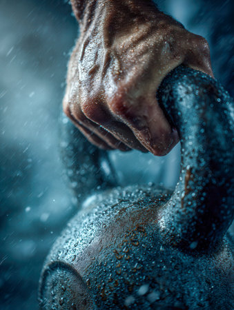 A powerful hand clenched tightly around a slick kettlebell as rain pours, embodying unwavering focus and relentless strength amid harsh weather.の写真素材